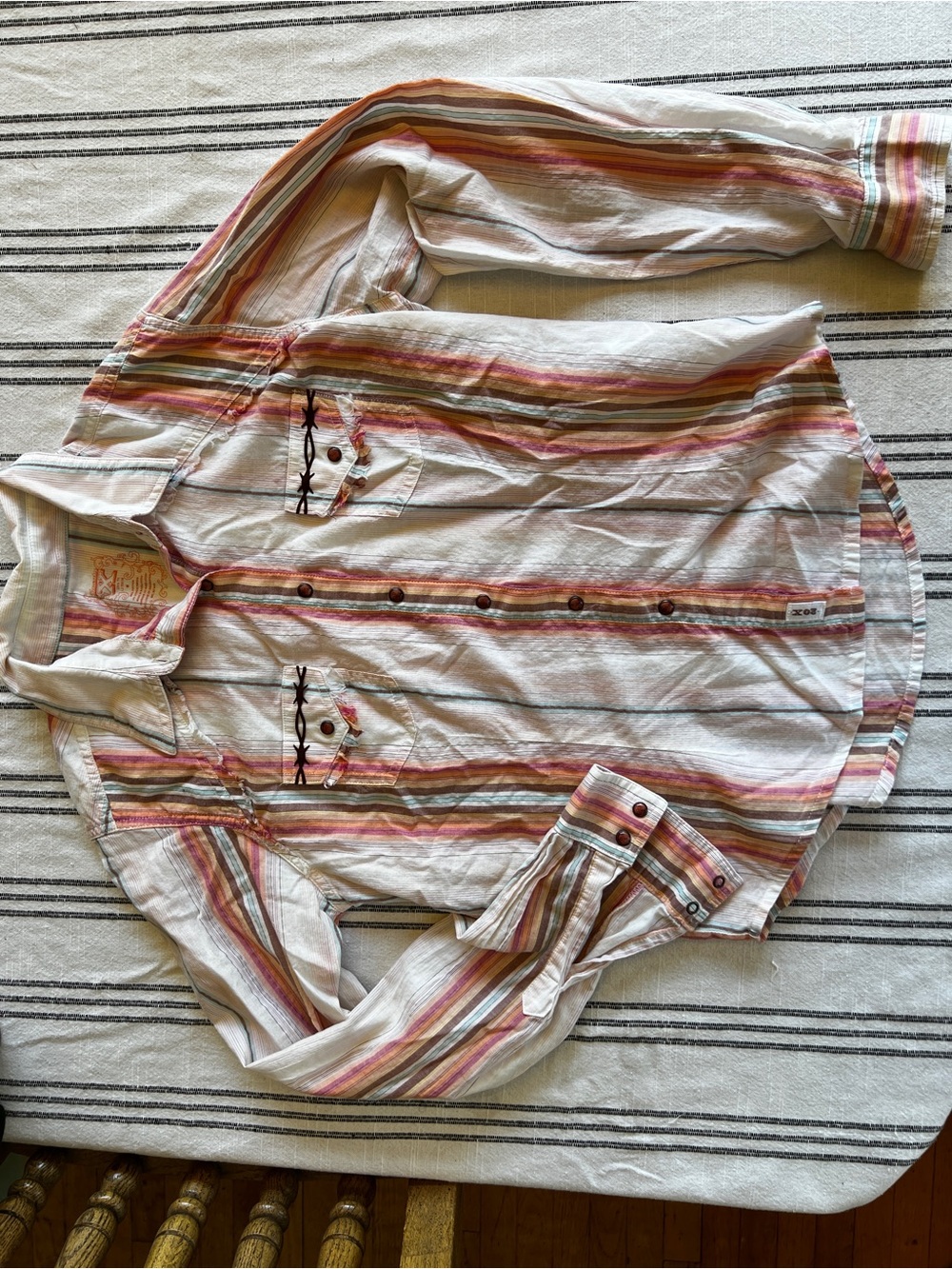 Western Striped Button-Down Shirt - Cream with Pink & Green Stripes Twenty X